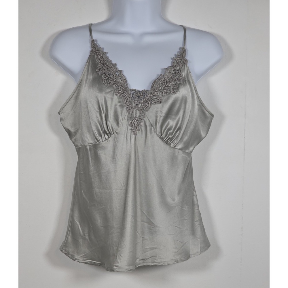 Worthington Womens Petite Large Gray Silk Babydoll Camisole Tank Top Beaded Y2K